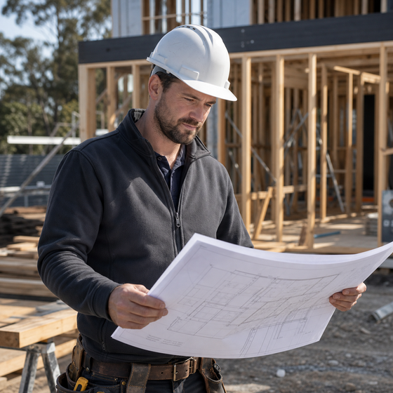 Australian builder reviewing architectural plans on a job site